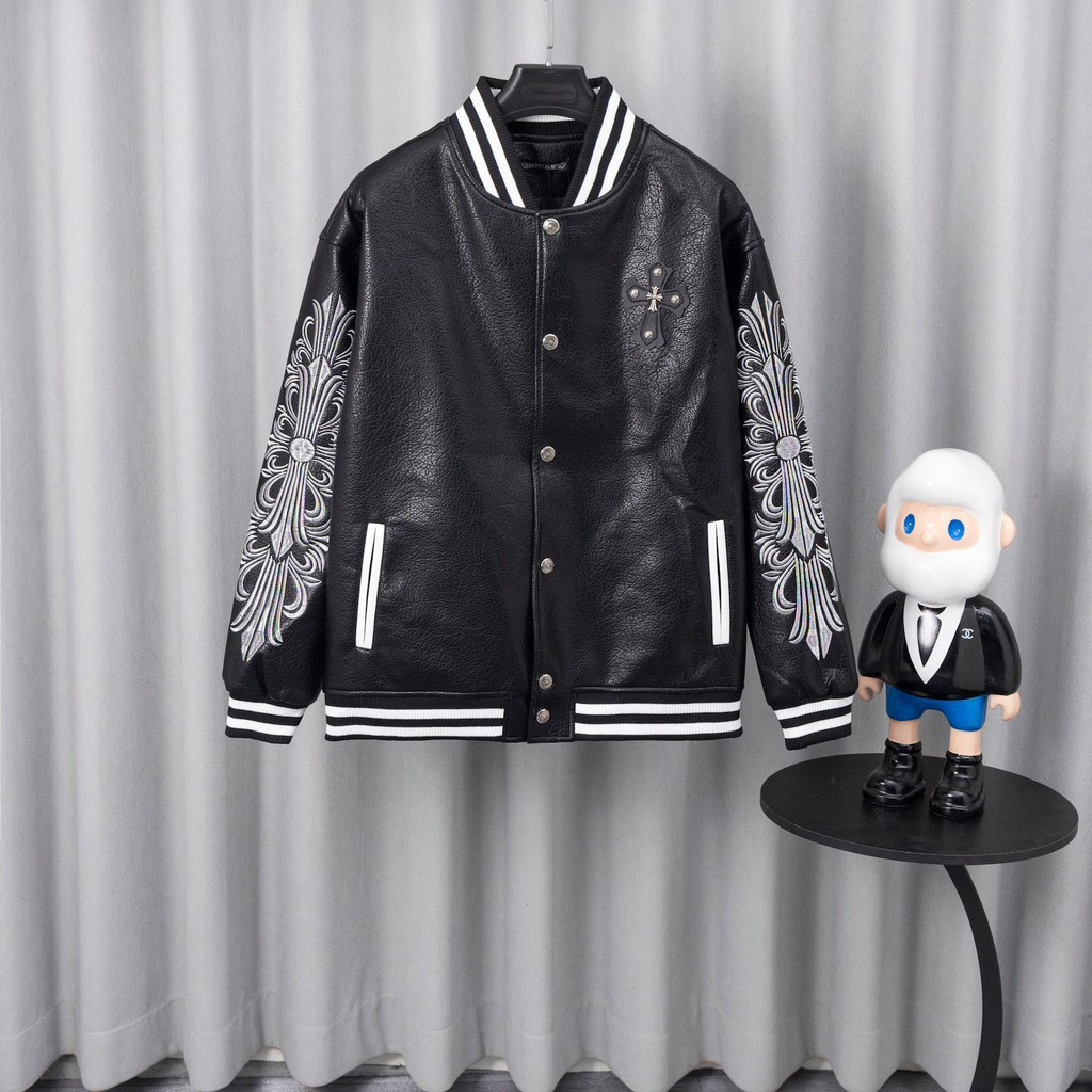 Chrome Hearts Style Black Leather Varsity Jacket