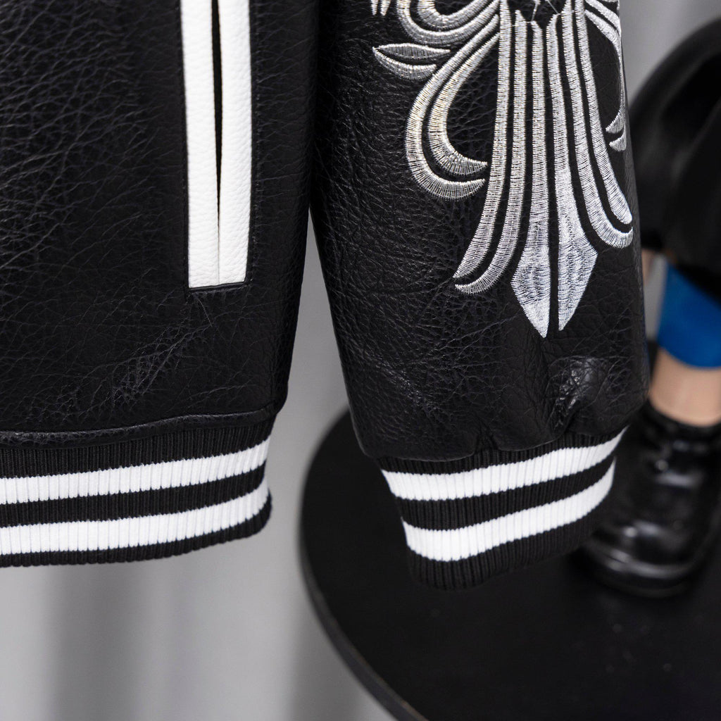 Chrome Hearts Style Black Leather Varsity Jacket