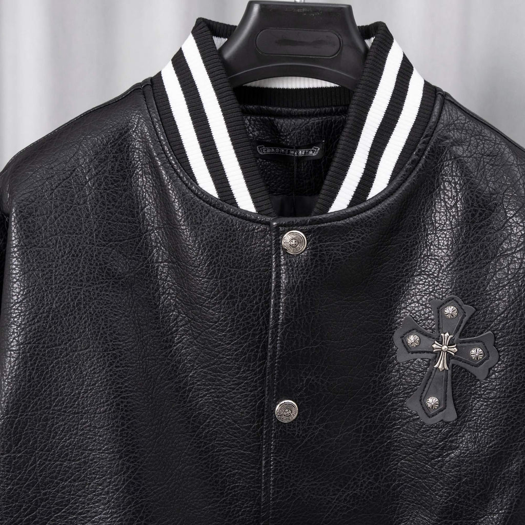 Chrome Hearts Style Black Leather Varsity Jacket