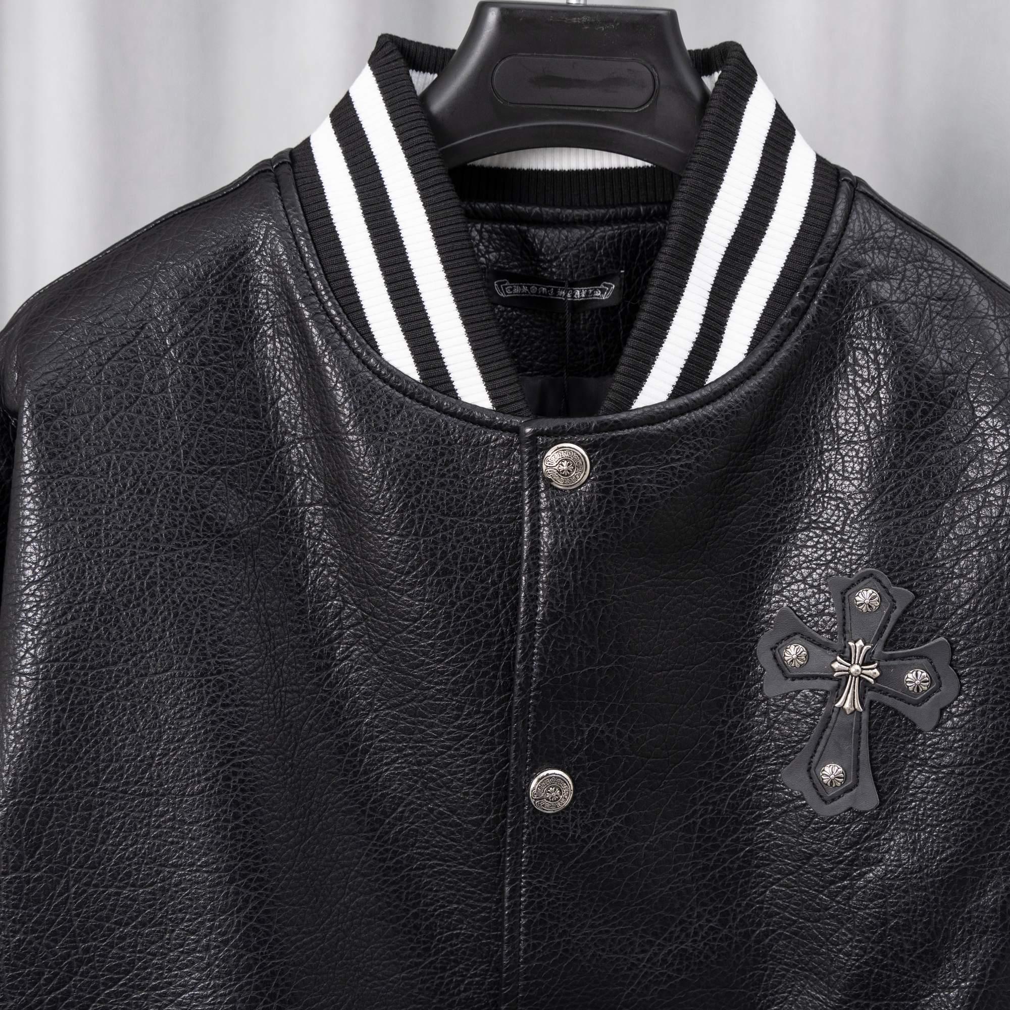 Chrome Hearts Style Black Leather Varsity Jacket