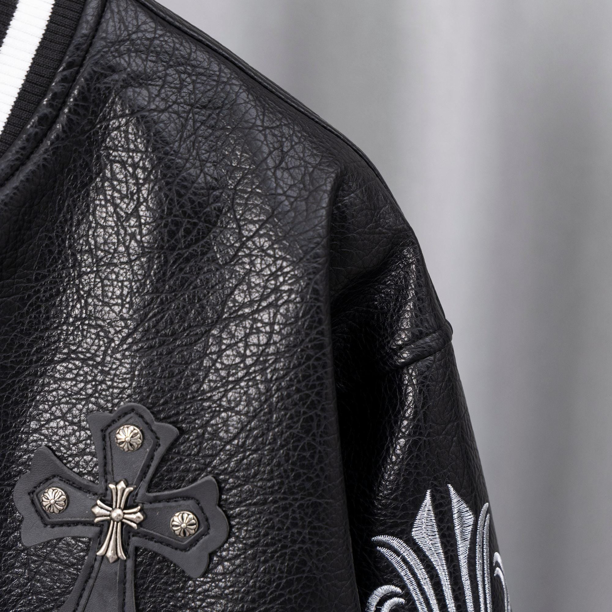 Chrome Hearts Style Black Leather Varsity Jacket