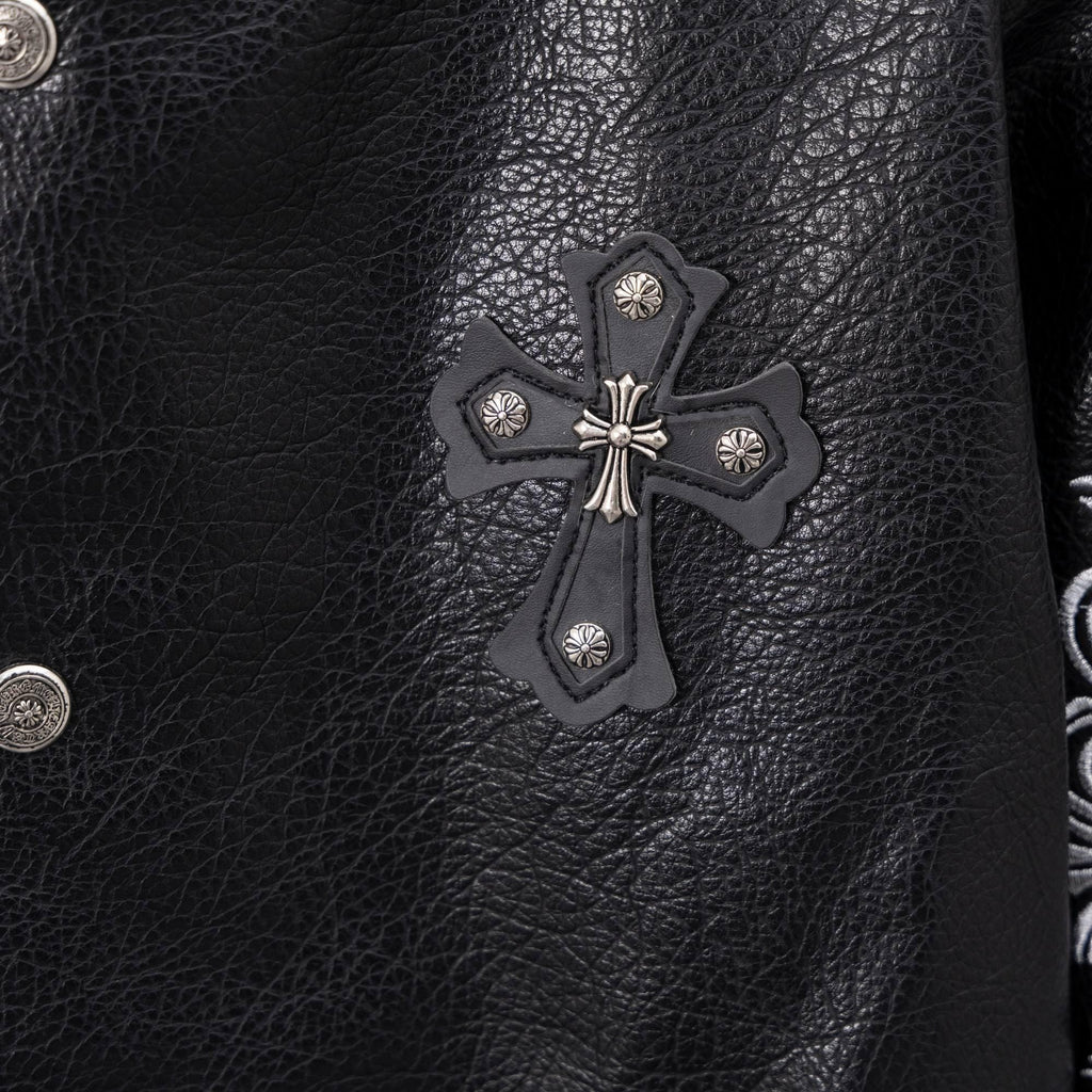 Chrome Hearts Style Black Leather Varsity Jacket