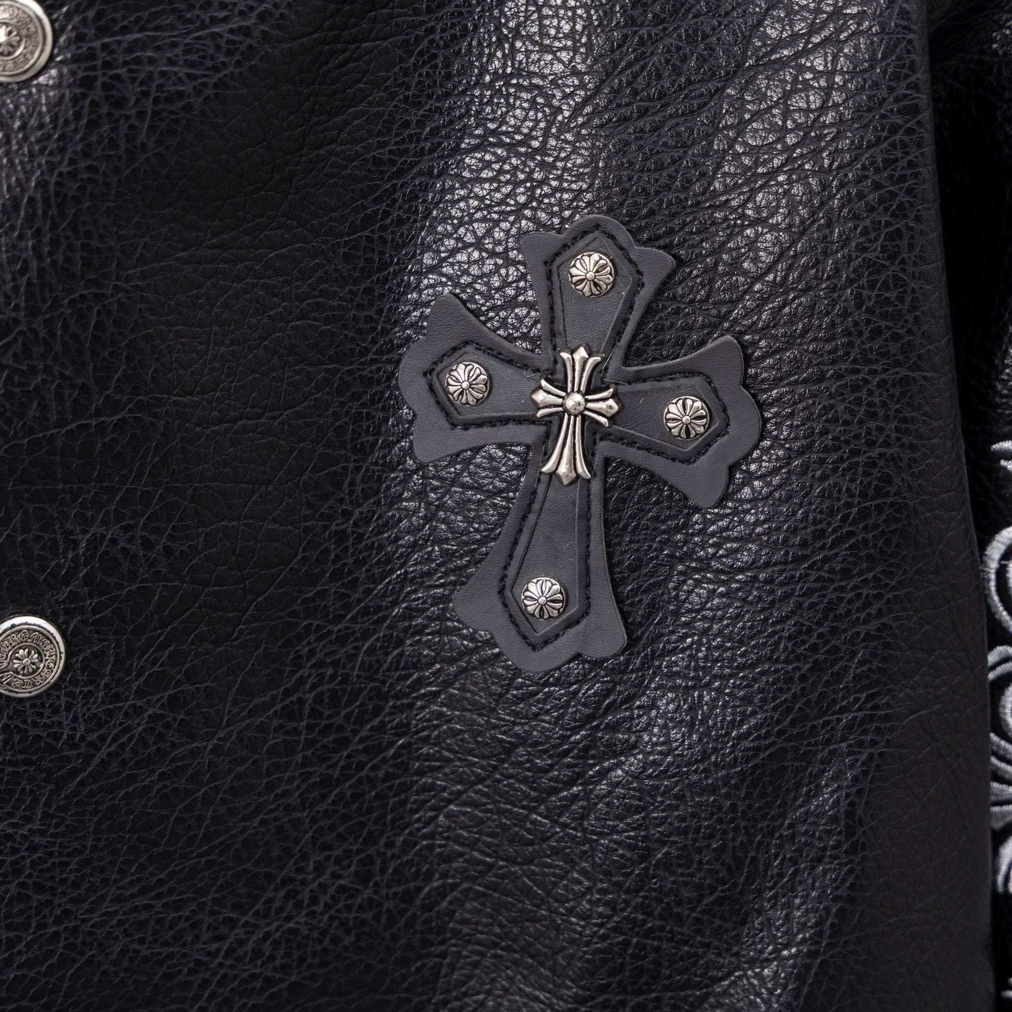 Chrome Hearts Style Black Leather Varsity Jacket