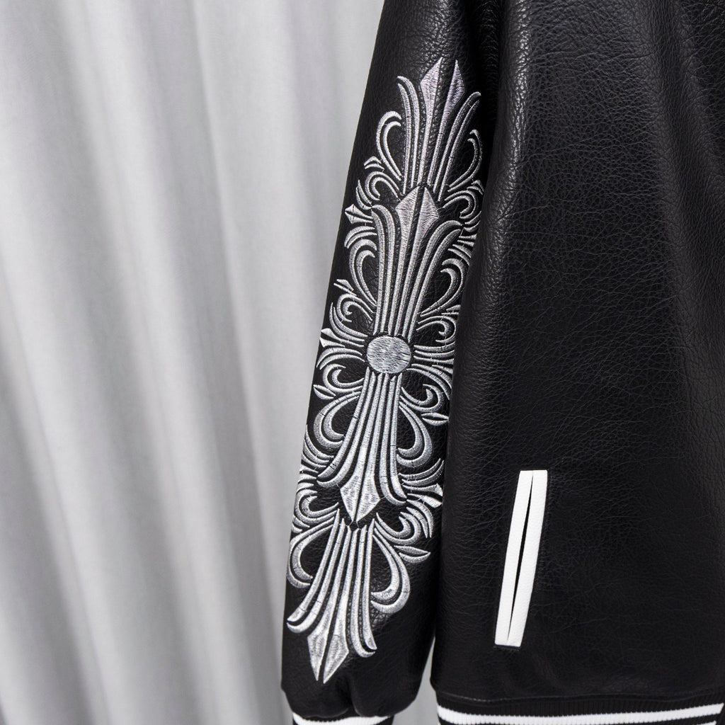 Chrome Hearts Style Black Leather Varsity Jacket