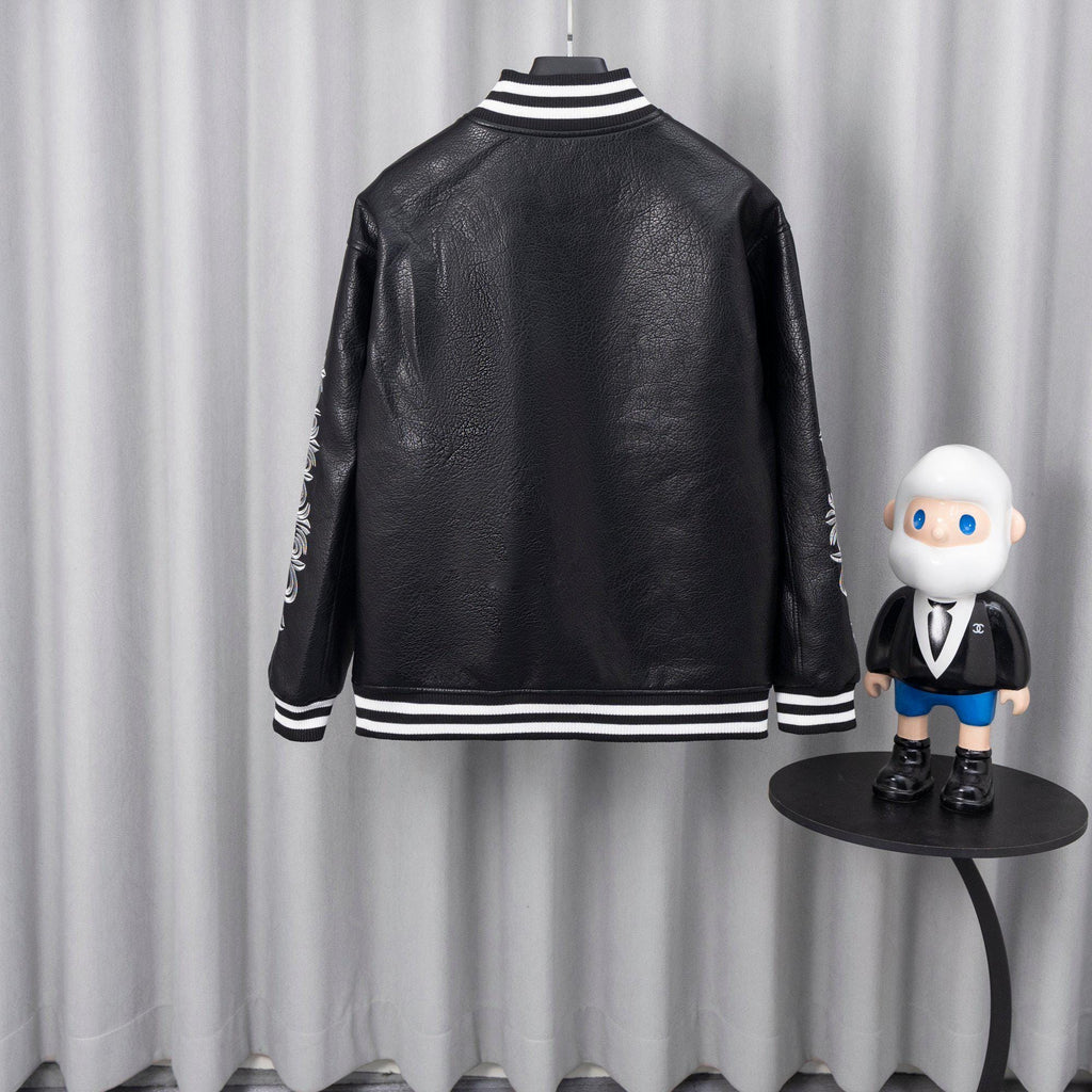 Chrome Hearts Style Black Leather Varsity Jacket
