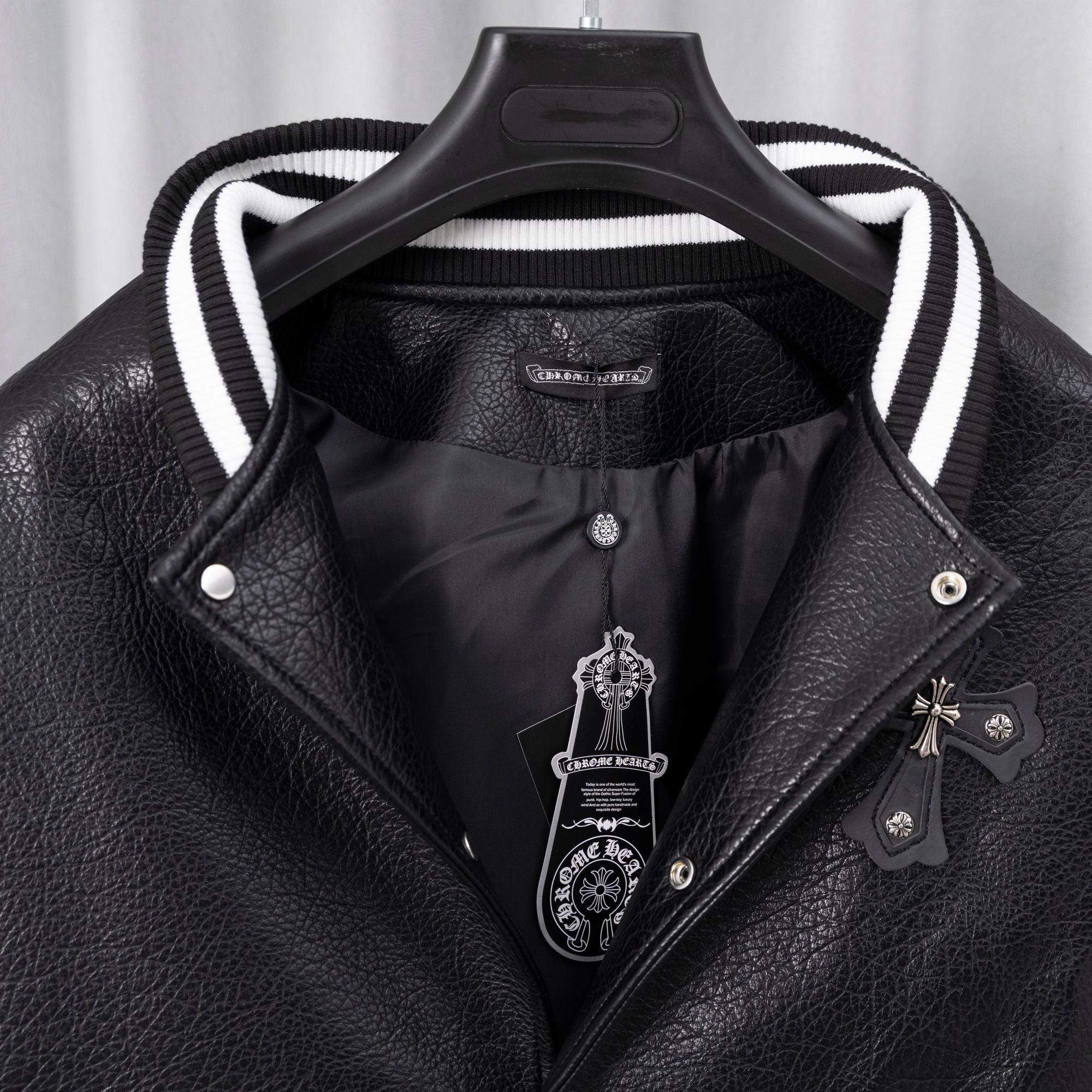 Chrome Hearts Style Black Leather Varsity Jacket